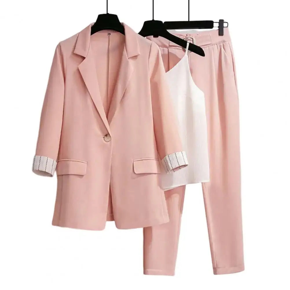 3 Pcs/Set Blazer Suit Pants Vest Set Elastic Waist OL Style Solid Color Turn-down Collar Anti-wrinkle Lady Business Outfit