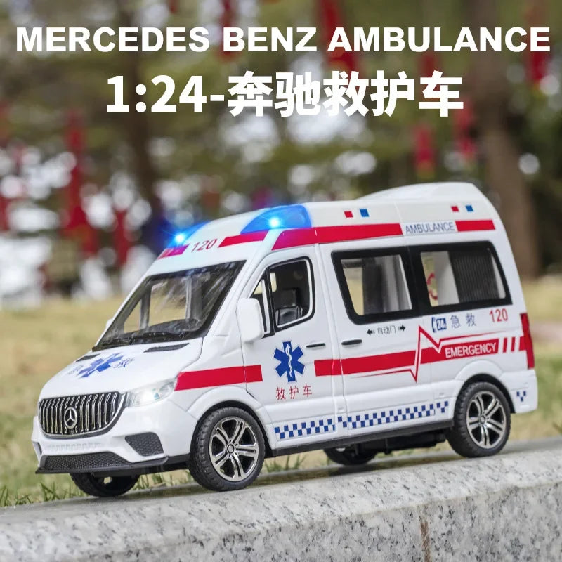 1:24 Benz Hospital Rescue Ambulance Metal Car Model Pull Back Sound and Light Alloy Car Toys for Children Boys Gifts A408