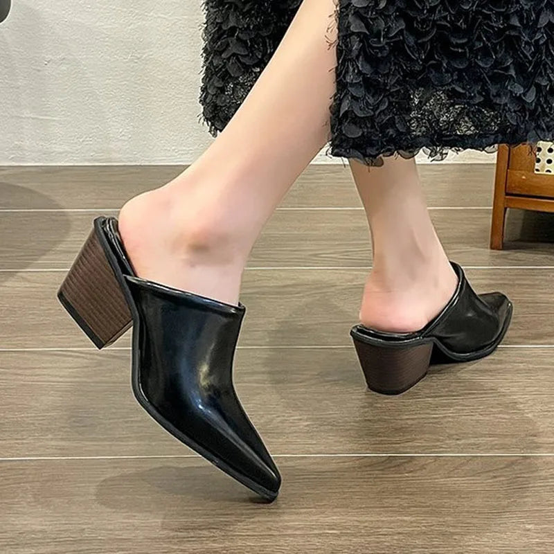 Retro Shoes Women Mules Pointed-toe Block Heel Fashion Slippers Casual Thin Shoes Patent Leather Heels Classy Party Prom Shoes