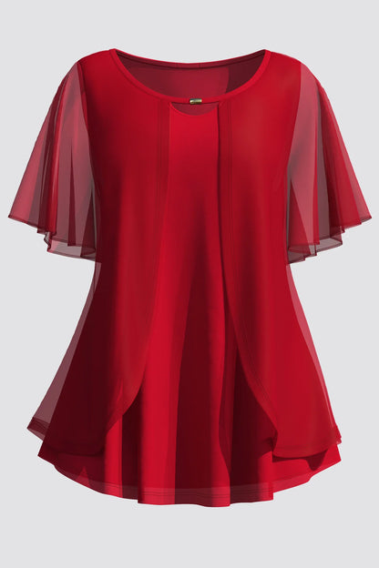 Plus Size Women's T Shirt Red Chiffon Casual Crew Neck Ruffle Sleeve  Fake Two Pieces Solid Mesh Stitching Summer Top 2024