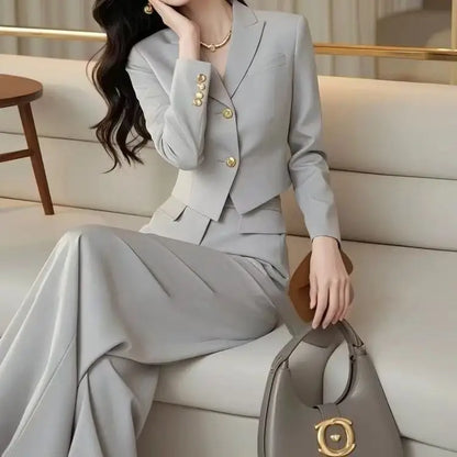 2PCS Elegant Office Lady White Suit Autumn New Women's Formal Outfits Luxury Pearl Buttons Jacket + High Waist Pants 2-Piece Set