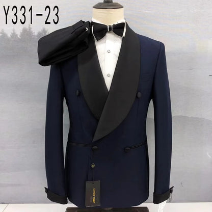 Fashion Black Suits for Men Slim Fit Double Breasted Blazer Pants 2 Pieces Set Prom Wedding Business Men Suit Shawl Lapel Tuxedo