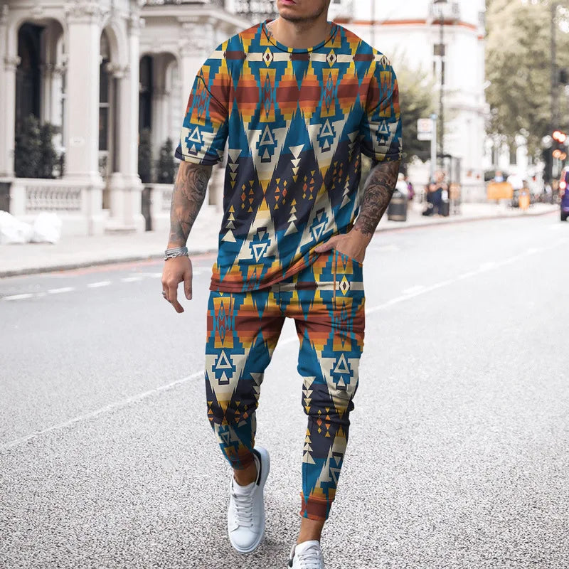 Fashion Ethnic Style 3D Print Men Sportswear Set Casual Short-Sleeved T Shirt Pants 2-Piece Set Oversized Pullover Men Clothing