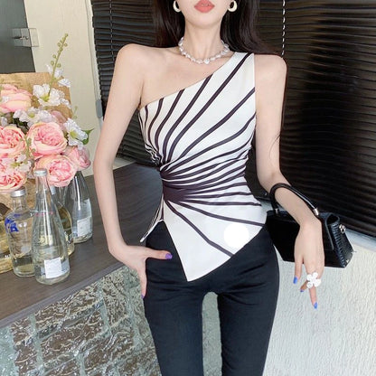 2022 Summer Korean Y2k Sleeveless Irregular Tank Top Women Sexy Skinny Striped Streetwear Sexy One Shoulder Tanks Female T-shirt