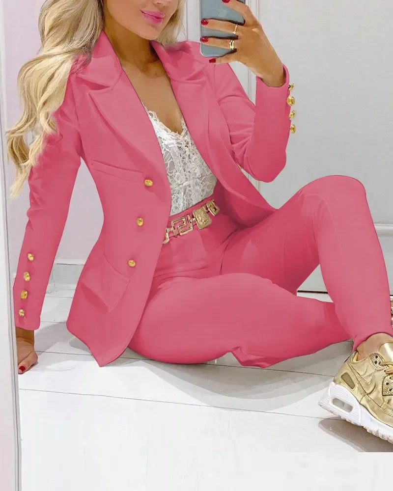 New 2023 Formal Office Pant Sets Women 2PCS Double Breasted Solid Blazers Jacket and Pants Two Pieces Set Female Pant Suits Sets