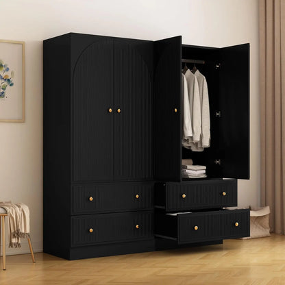 Black Freestanding Armoire Wardrobe Closet with 2 Doors and 2 Storage Drawers, Large Capacity Wardrobe Cabinet, Wooden Closet