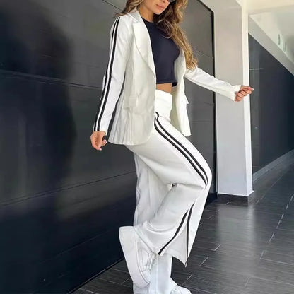 New Elegant Office Lady Sets Long Sleeve Fashion Lapel No Buckle Blazer Striped Side Split Straight Pants Casual Two Piece Sets