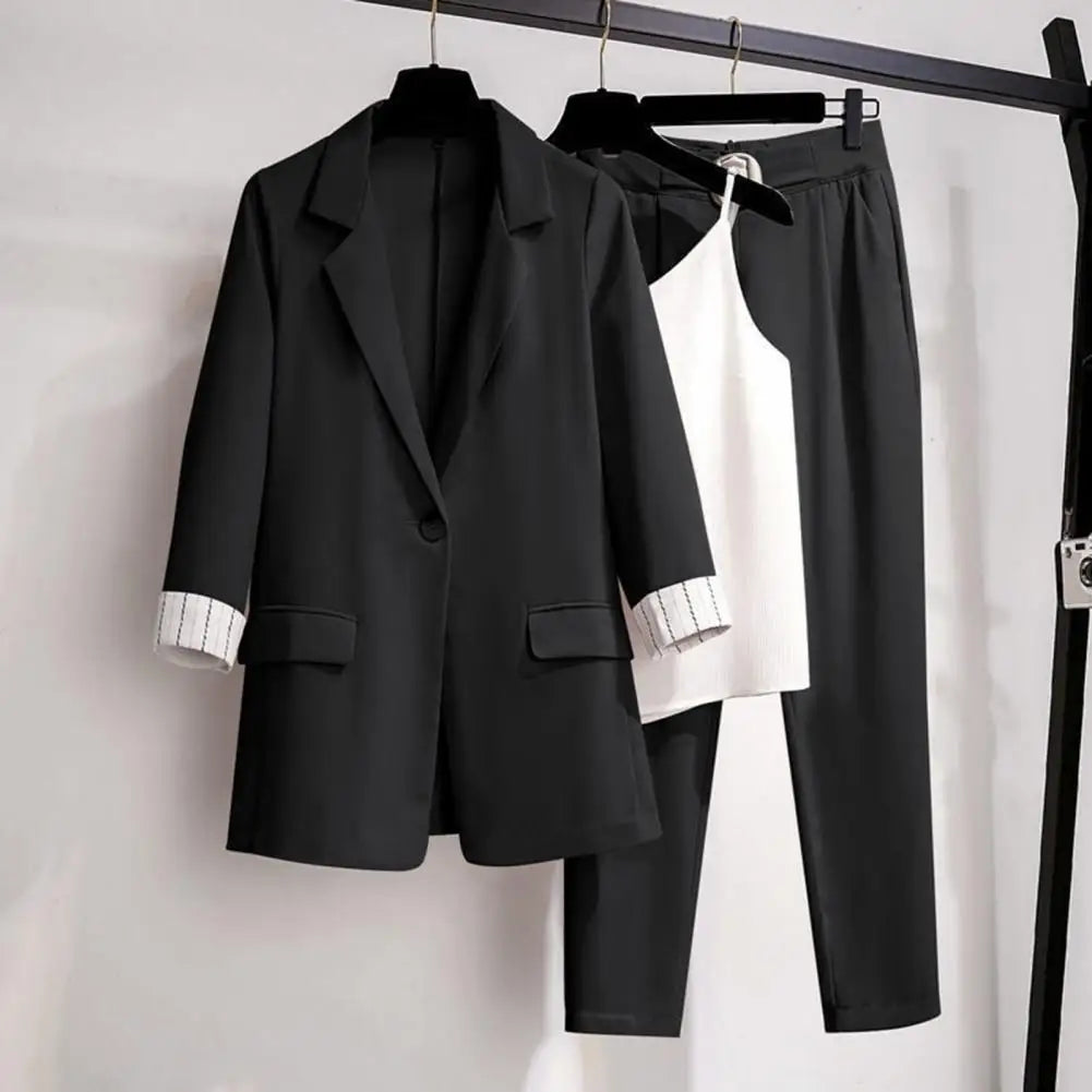 3 Pcs/Set Blazer Suit Pants Vest Set Elastic Waist OL Style Solid Color Turn-down Collar Anti-wrinkle Lady Business Outfit