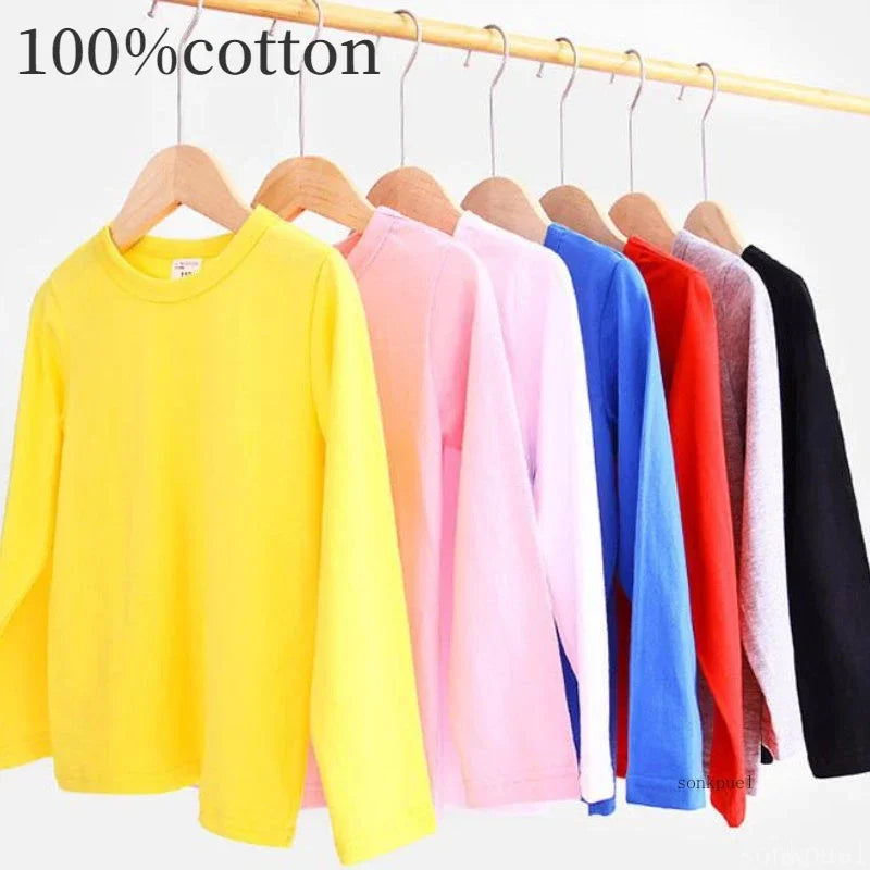 Autumn Spring Cotton Children T-shirt  Boys Girls Tees Long Sleeve White Shirt Kids Tops Baby Clothes Solid Black Blue Yellow