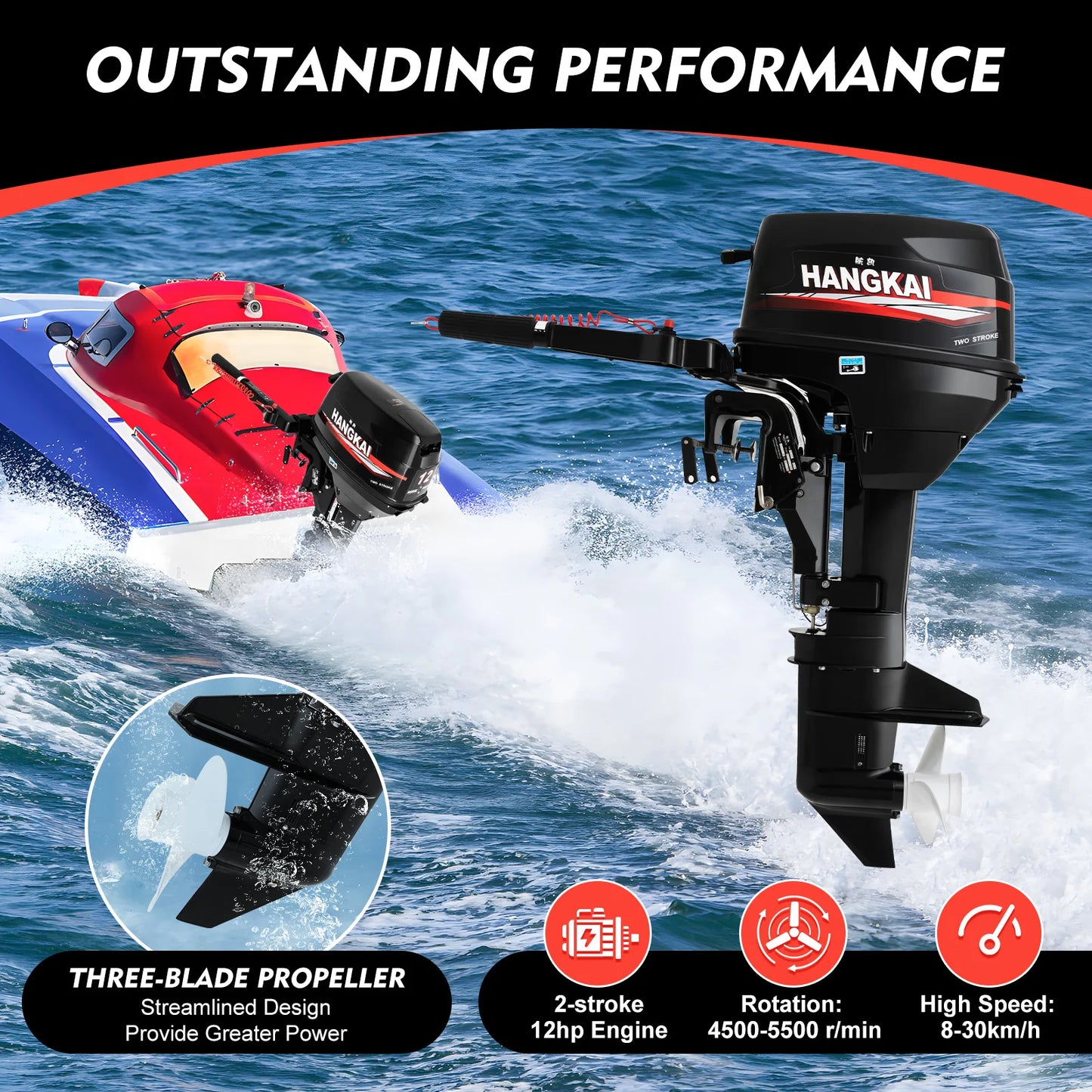 12HP 2 Stroke Outboard Motor Marine Fishing Boat Engine 169CC Water Cooling CDI System Short Shaft 8-30km/h 4500-5500RPM