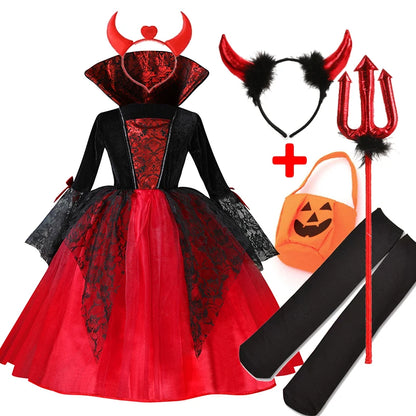 2024 Girls Cosplay Vampire Halloween Dress For Kids Ghost Bride Gothic Costume Count Vampiran Carnival Outfit Black Red Clothes