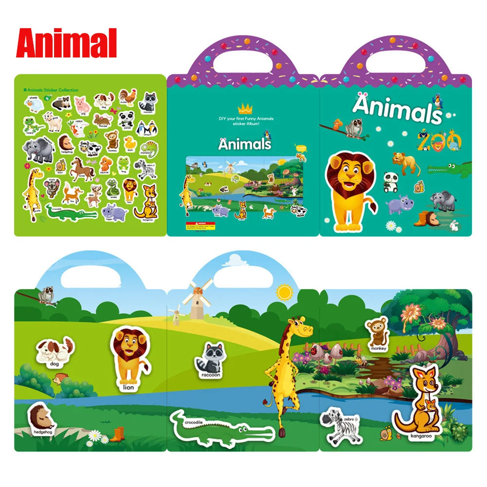 New Children Reusable Scene Cute Stickers DIY Puzzle Sticker Games Books Cartoon Animal Learning Cognition Toys For Kids Gift