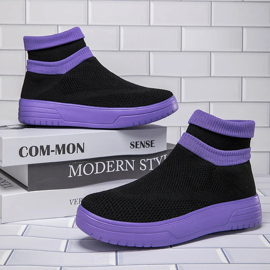 Hot Sale Purple Men's High-Top Socks Shoes Mesh Breathable Couple Casual Shoes Light Platform Socks Sneakers Man Plus Size 45 46