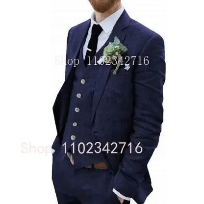 Costume Homme 3 Piece Linen Men Suits 2023 Groom Tuxedo for Wedding Groomsman Summer Beach Male Suit (Jacket+Pants+Vest) Terno