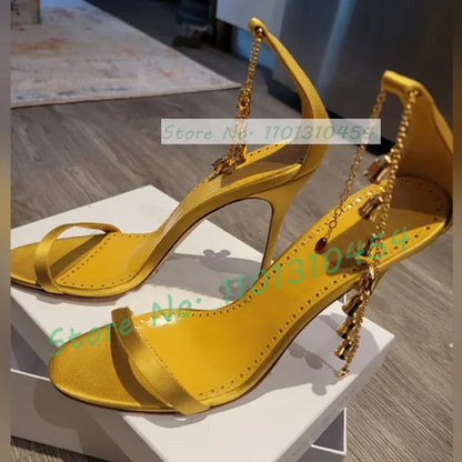 Yellow Satin Metal Bell Chain Sandals Women Chic Classy Open Toe Casual High Heels Sandals Female Ankle Strap Luxury Party Shoes