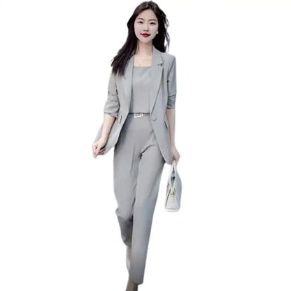 3 Pcs Women Spring Fall Blazers Pants Set 2024 New Office Lady Solid Professional Suit Workwear Outfits Female Soft OL Commuting