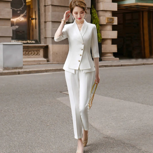 High Quality Casual Women's Suit Pants Two Piece Set 2022 new summer elegant ladies white blazer jacket business attire