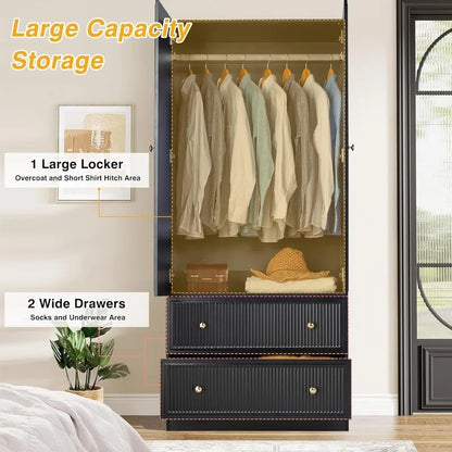 Black Freestanding Armoire Wardrobe Closet with 2 Doors and 2 Storage Drawers, Large Capacity Wardrobe Cabinet, Wooden Closet