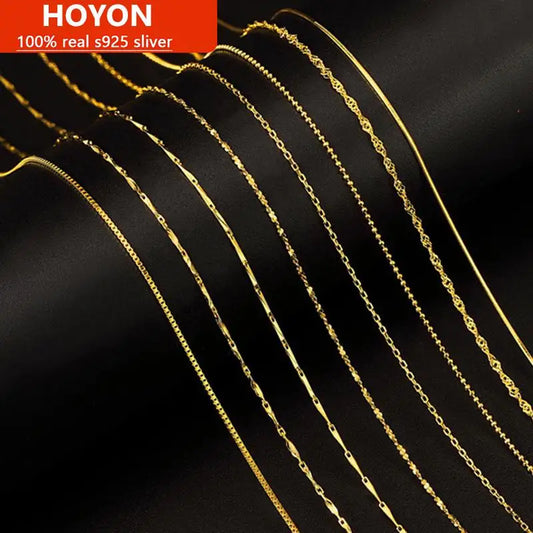 HOYON Pure 14k Gold Plated Necklace Women's Neck Collar Real Gold Box/ O Cross/ Snake Bone/Water Wave/Clavicle Chain Jewelry