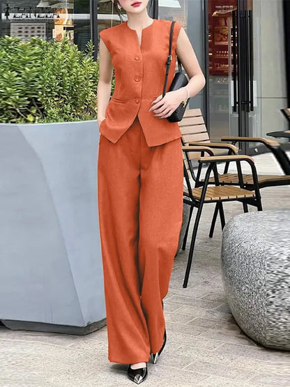 ZANZEA Women 2pcs Matching Sets Fashion Sleeveless Waistcoat Suits Office Lady Wide Leg Pants Casual Loose Solid Retro Outfits