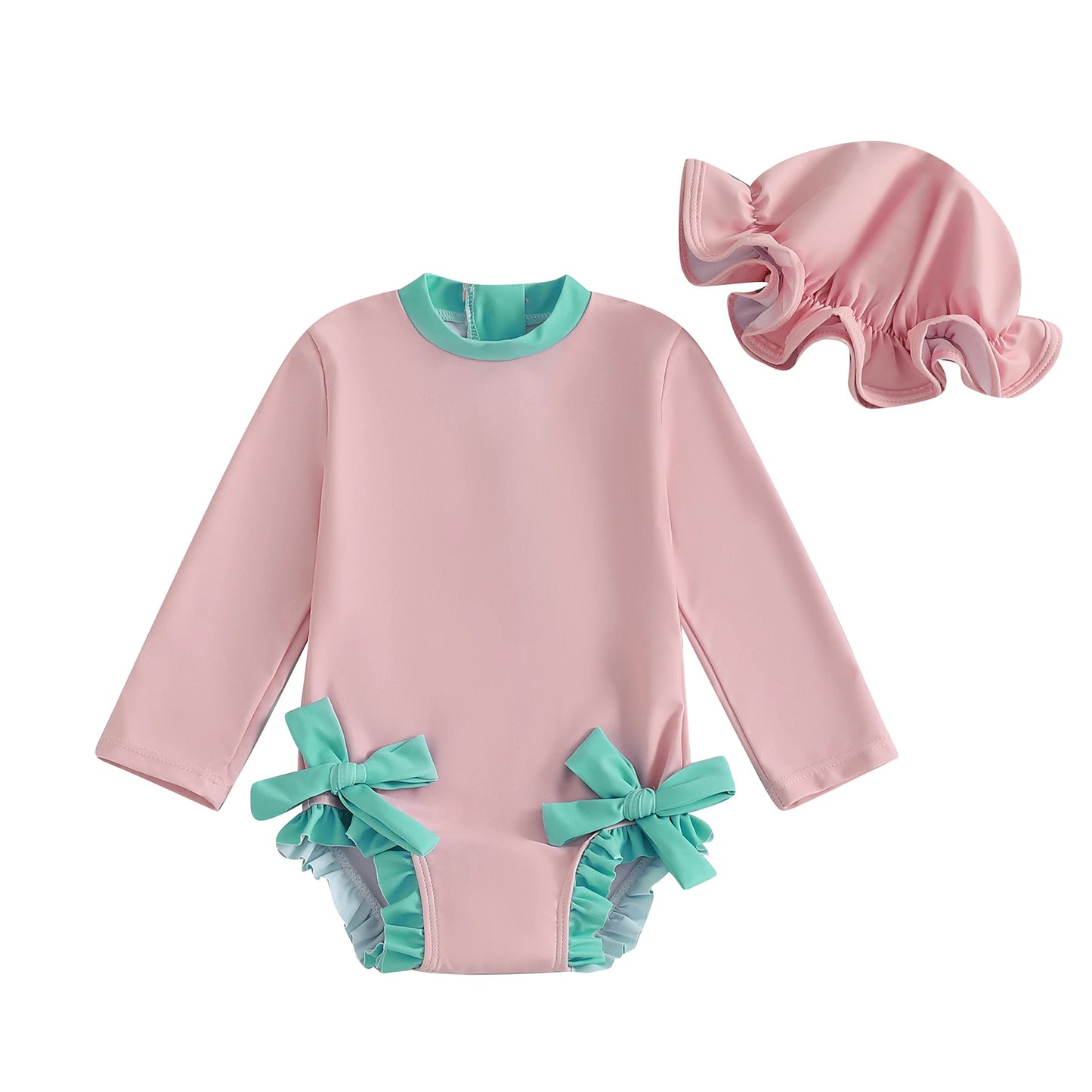 ma&baby 3m-3Y Newborn Infant Baby Girl Swimsuit Long Sleeve Bow Swimwear + Hat Toddler Summer Beachwear Bathing Suit D12