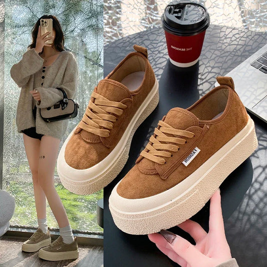 Soft Suede Leather Casual Shoes Women Sneakers Clogs Platform  All-Match Spring Round Toe Cross-tied Frosted Flats Shoes Women