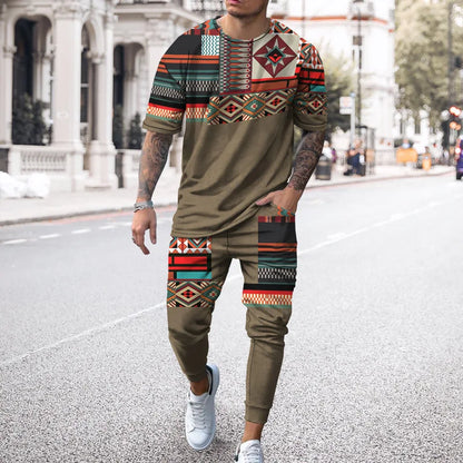 Fashion Ethnic Style 3D Print Men Sportswear Set Casual Short-Sleeved T Shirt Pants 2-Piece Set Oversized Pullover Men Clothing