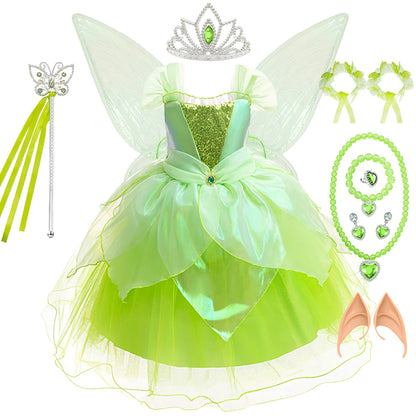 Tinker Bell Girls Fairy Princess Dress Kid Cosplay Elf Costume Tinkerbell Halloween Carnival Party Clothes Fantasy Green Vestido