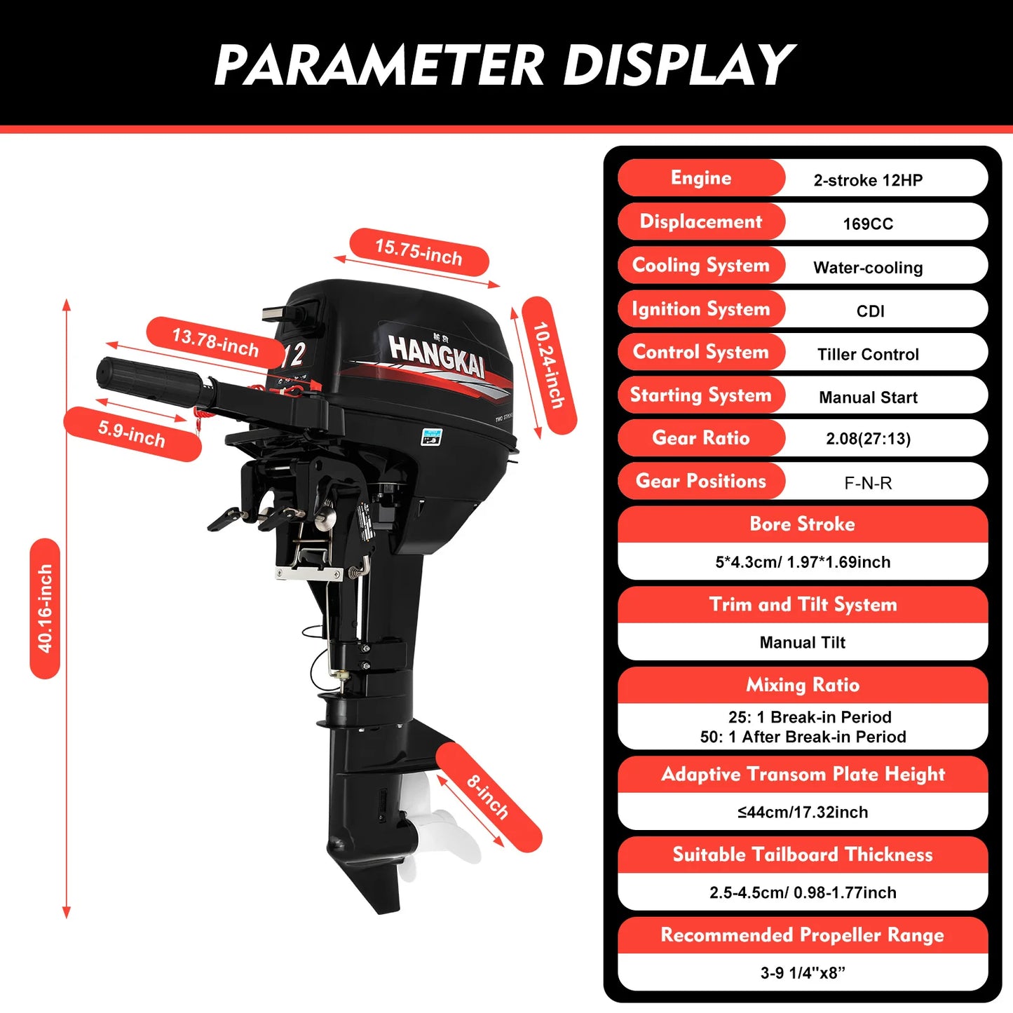 12HP 2 Stroke Outboard Motor Marine Fishing Boat Engine 169CC Water Cooling CDI System Short Shaft 8-30km/h 4500-5500RPM