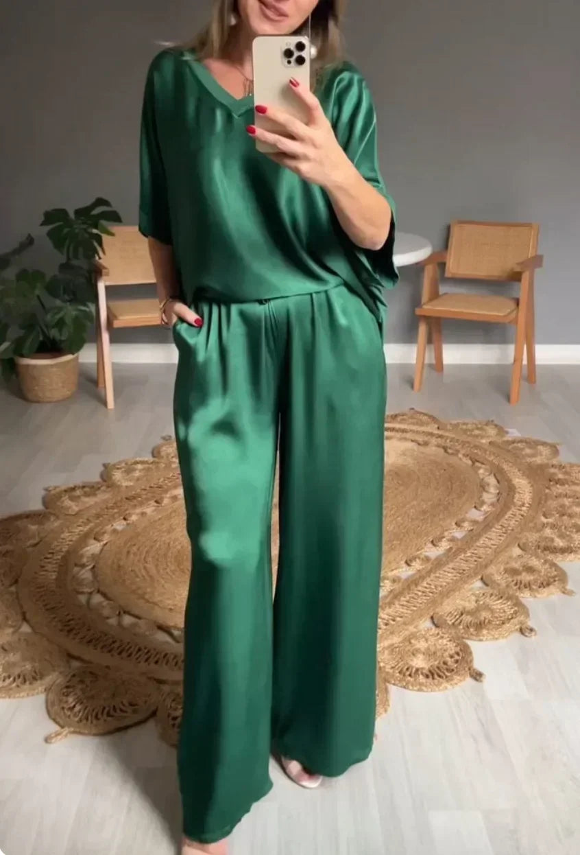 2025 Spring Satin Oversize Women Suit Black V-neck Tops Long Pants Loose Suits Female Spring New Casual Trendy Ladies Clothes