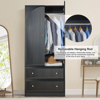 Black Freestanding Armoire Wardrobe Closet with 2 Doors and 2 Storage Drawers, Large Capacity Wardrobe Cabinet, Wooden Closet