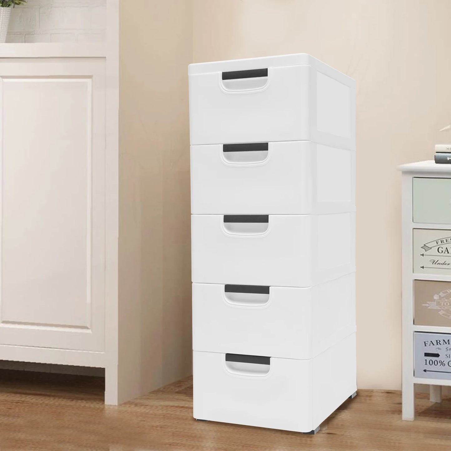 Plastic Drawers Dresser Storage Cabinet with 5 Drawers Closet Tall Standing Bedside Furniture Nightstand End Table for Bedroom