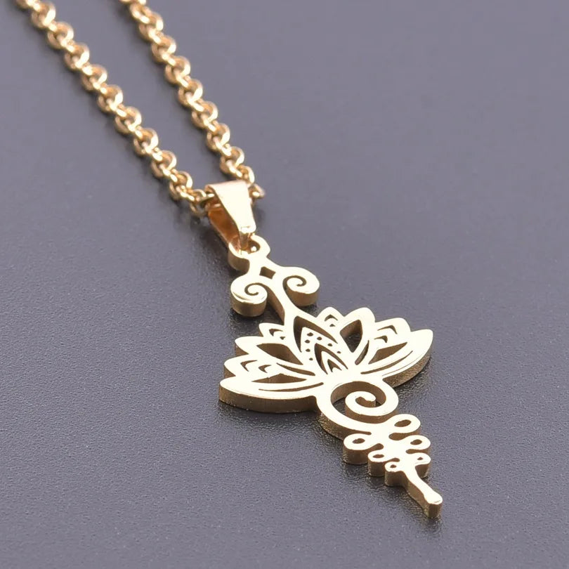 YILUOCD 18K Gold Plated Unalome Pendant Necklace Yoga Lotus Flower Healing Charms Necklaces for Women Unique Buddhism Jewelry