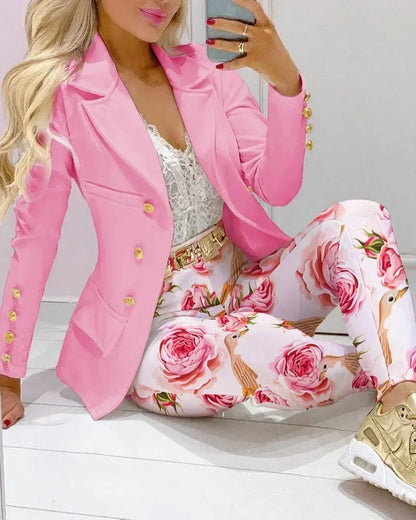 2025 Women Formal Jacket & Trousers Office Lady Outfits Autumn Women Two Pieces Set Print Blazer Coat & Pants Suit Sets Female