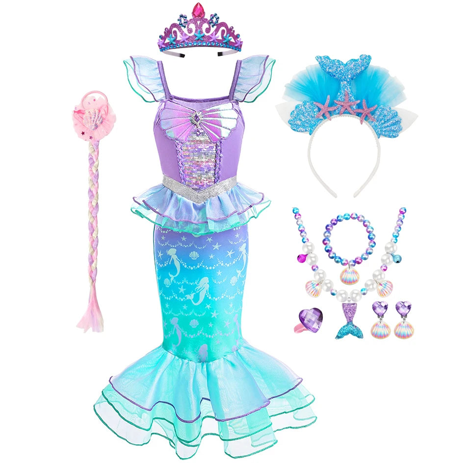 Mermaid Ariel Cosplay Princess Costume Kids Cartoon Printed Dress Girls Halloween Children Carnival Birthday Party Clothes