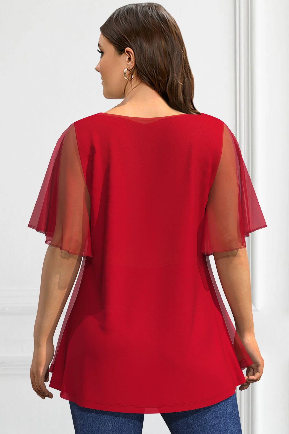 Plus Size Women's T Shirt Red Chiffon Casual Crew Neck Ruffle Sleeve  Fake Two Pieces Solid Mesh Stitching Summer Top 2024