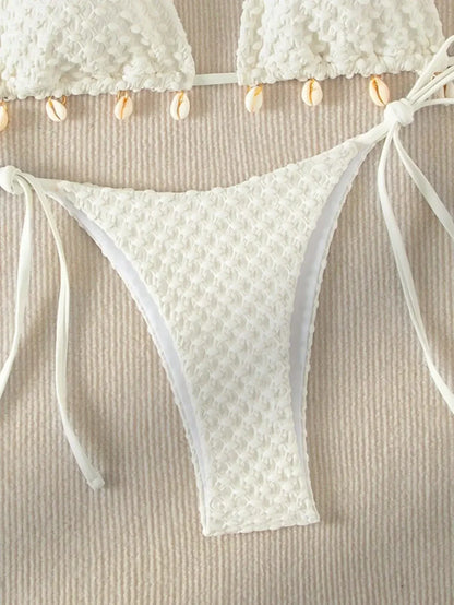 Sexy Bikini Set White Shell Designer Swimsuit 2025 New Halter Push Up Micro Bikinis Summer Bathing Suit Tie Side Thong Swimwear