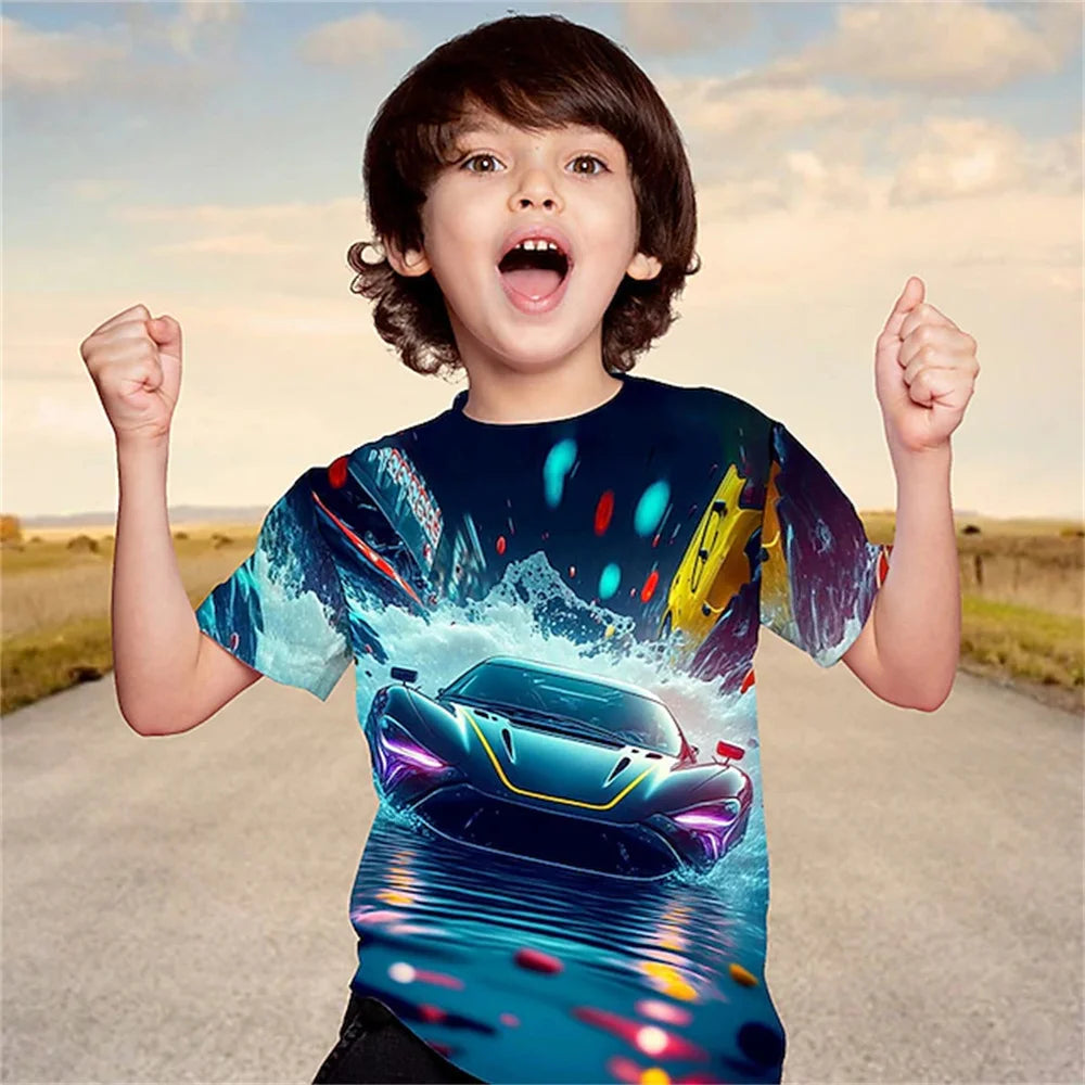 Kids Clothes Boys Purple Cool Racing Car Tee Shirts Graphics Tshirt Summer Children 's T-Shirt Clothing Teens Tops Korean Black