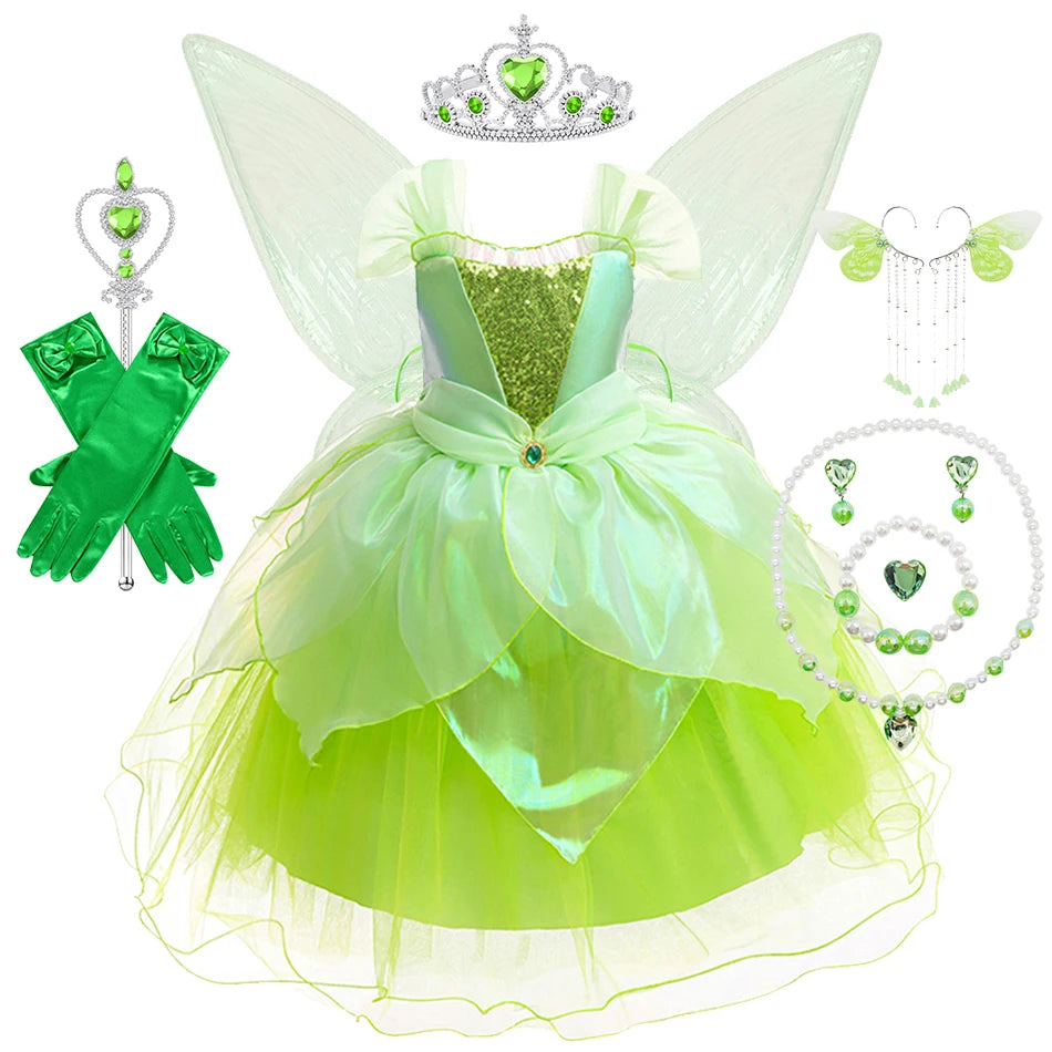 Tinker Bell Girls Fairy Princess Dress Kid Cosplay Elf Costume Tinkerbell Halloween Carnival Party Clothes Fantasy Green Vestido