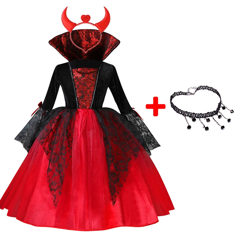 2024 Girls Cosplay Vampire Halloween Dress For Kids Ghost Bride Gothic Costume Count Vampiran Carnival Outfit Black Red Clothes