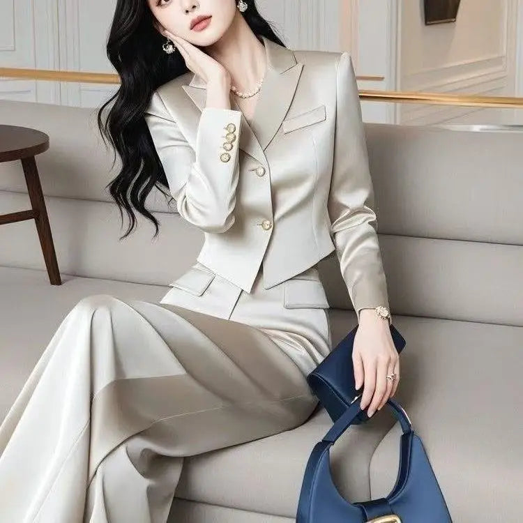 2PCS Elegant Office Lady White Suit Autumn New Women's Formal Outfits Luxury Pearl Buttons Jacket + High Waist Pants 2-Piece Set