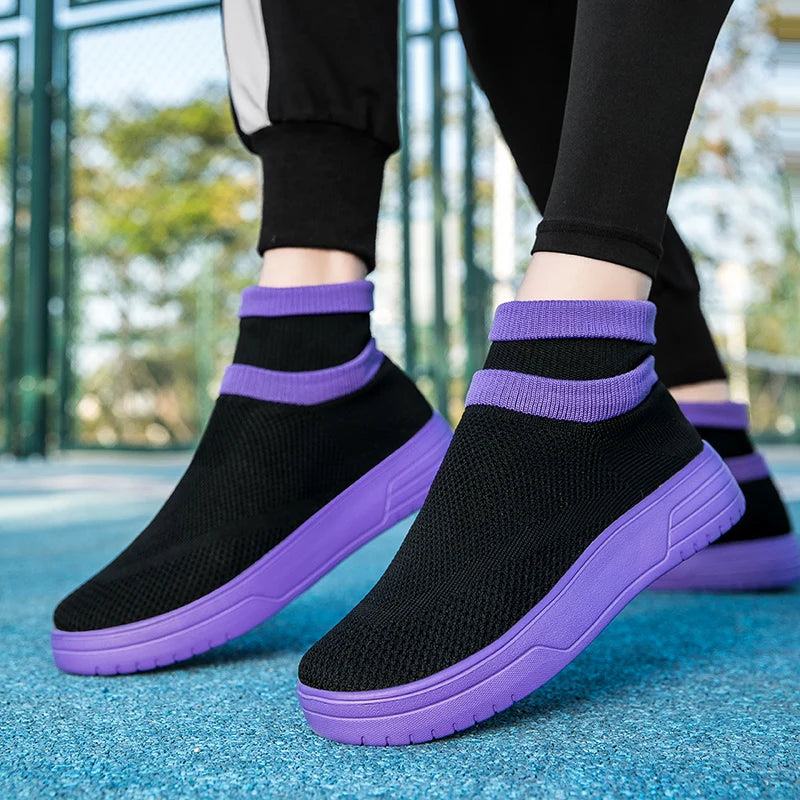 Hot Sale Purple Men's High-Top Socks Shoes Mesh Breathable Couple Casual Shoes Light Platform Socks Sneakers Man Plus Size 45 46