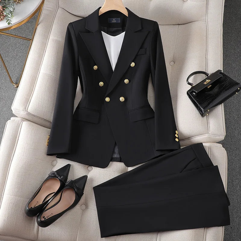 Fashion Office Ladies Formal Pant Suit Set Women Blue Pink Yellow Female Business Work Wear 2 Piece Blazer Jacket And Trouser