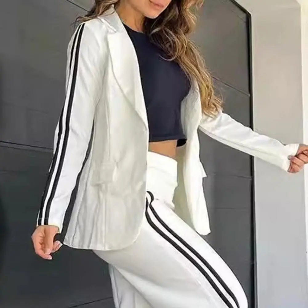 2 Pcs/Set Women's Blazer Formal Coat Pants Set Autumn Winter Long Sleeves Jacket Loose Striped Wide Leg Casual Suit Outfit