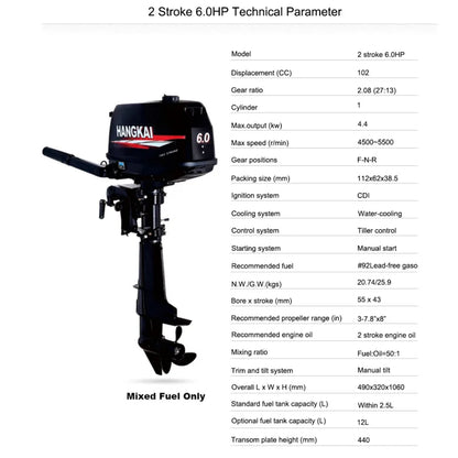 Hangkai 2 Stroke 6HP Gasoline Outboard Engine for Fishing Kayak, Canoe Boat Motors, New Water Cooled, Free Accessories