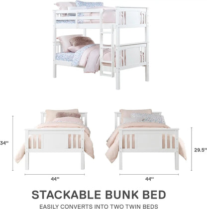 Stackable and Detachable Bed Frames for Kids and Teens, with Ladder, High Guardrail, Wood Slats, No Boxspring Required