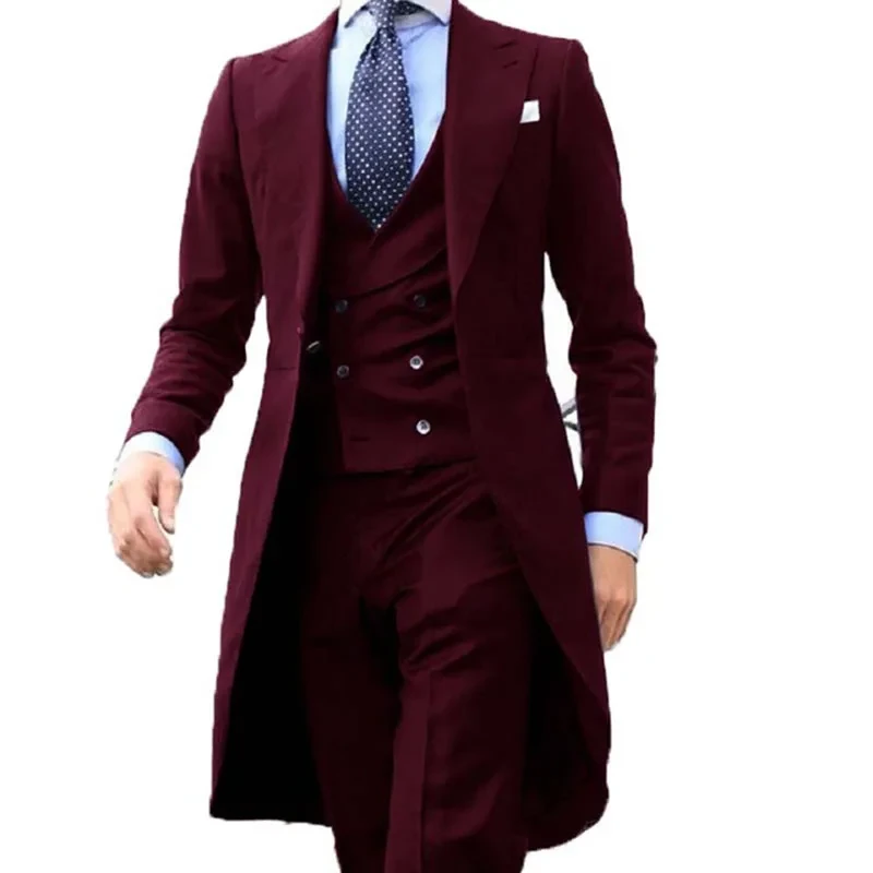New Arrive Long Coat Designs Burgundy Men Suit Gentle Male Set Tuxedo Prom Blazer Custom Fashion 3 Pieces (Jacket+vest+Pants) - Afbeelding 7