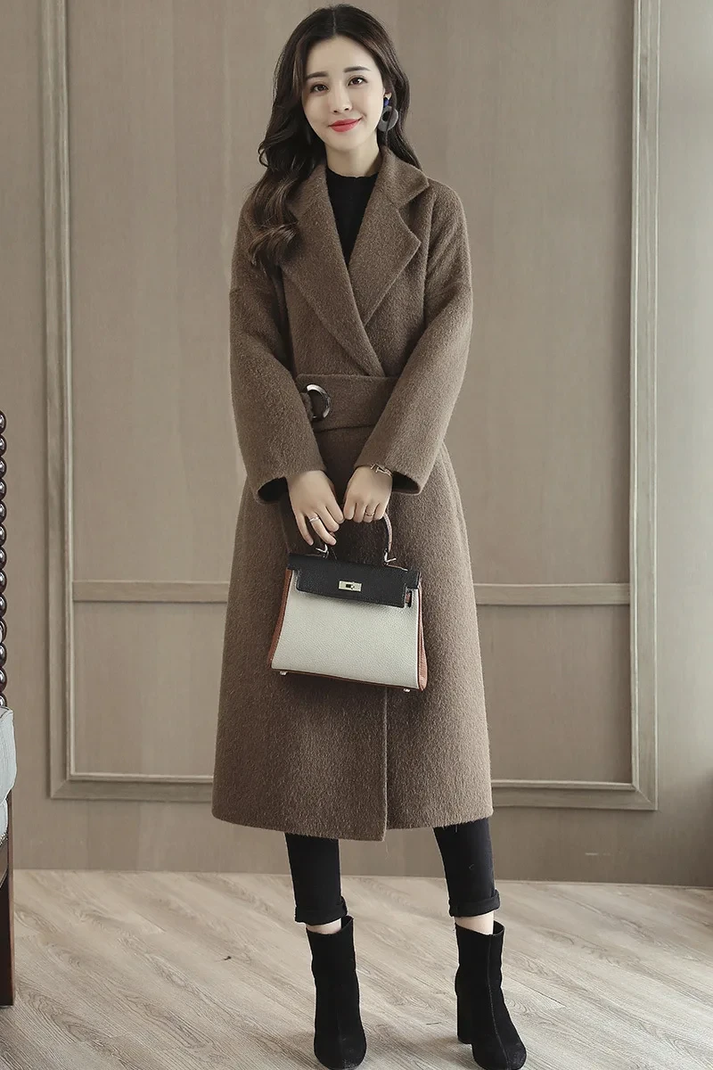 2025 Winter Office Lady Belt Dames Lange Winter Wollen Mix Jas Omslagkraag Wollen Jas En Jas Losse Effen Bovenkleding - Afbeelding 3