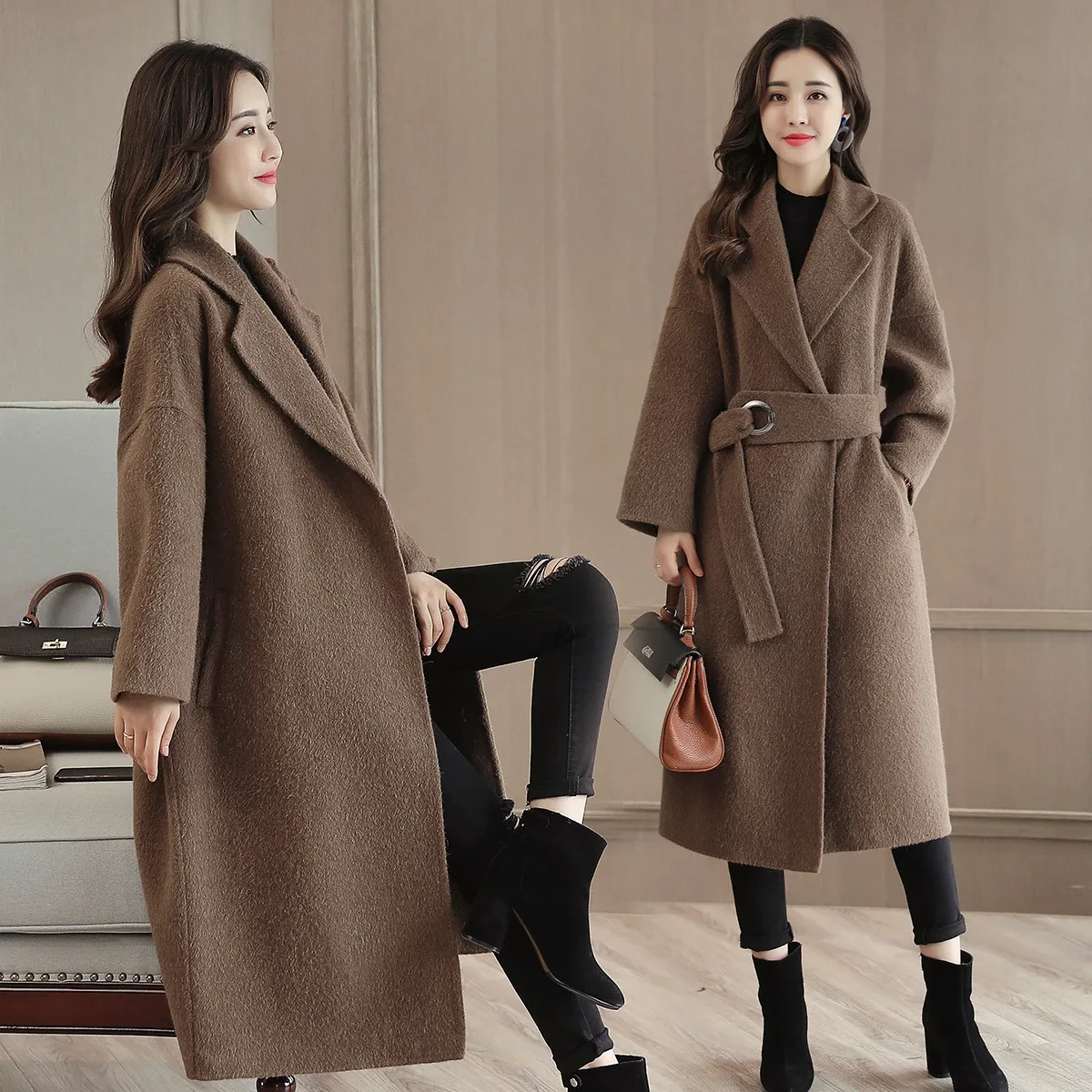 2025 Winter Office Lady Belt Dames Lange Winter Wollen Mix Jas Omslagkraag Wollen Jas En Jas Losse Effen Bovenkleding - Afbeelding 2