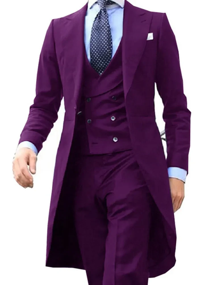 New Arrive Long Coat Designs Burgundy Men Suit Gentle Male Set Tuxedo Prom Blazer Custom Fashion 3 Pieces (Jacket+vest+Pants) - Afbeelding 10